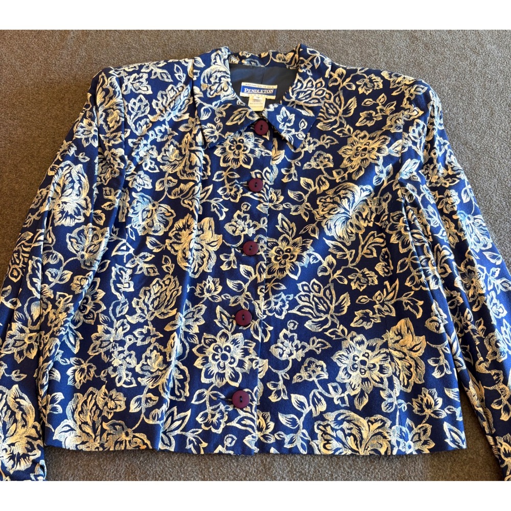 Pendleton Classic Blue White Floral Rayon Button Front Blazer Jacket Women 12